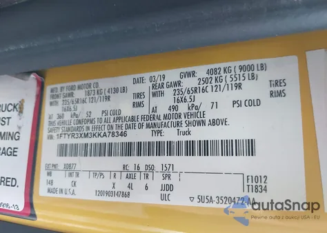 2019 Ford Transit-250 z USA, uszkodzony, nr VIN 1FTYR3XM3KKA78346